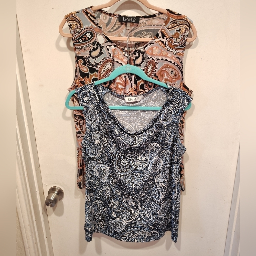 Kasper Lot Of 2 Paisley Print Slinky Sleeveless Tank Tops Sz L Office Travel